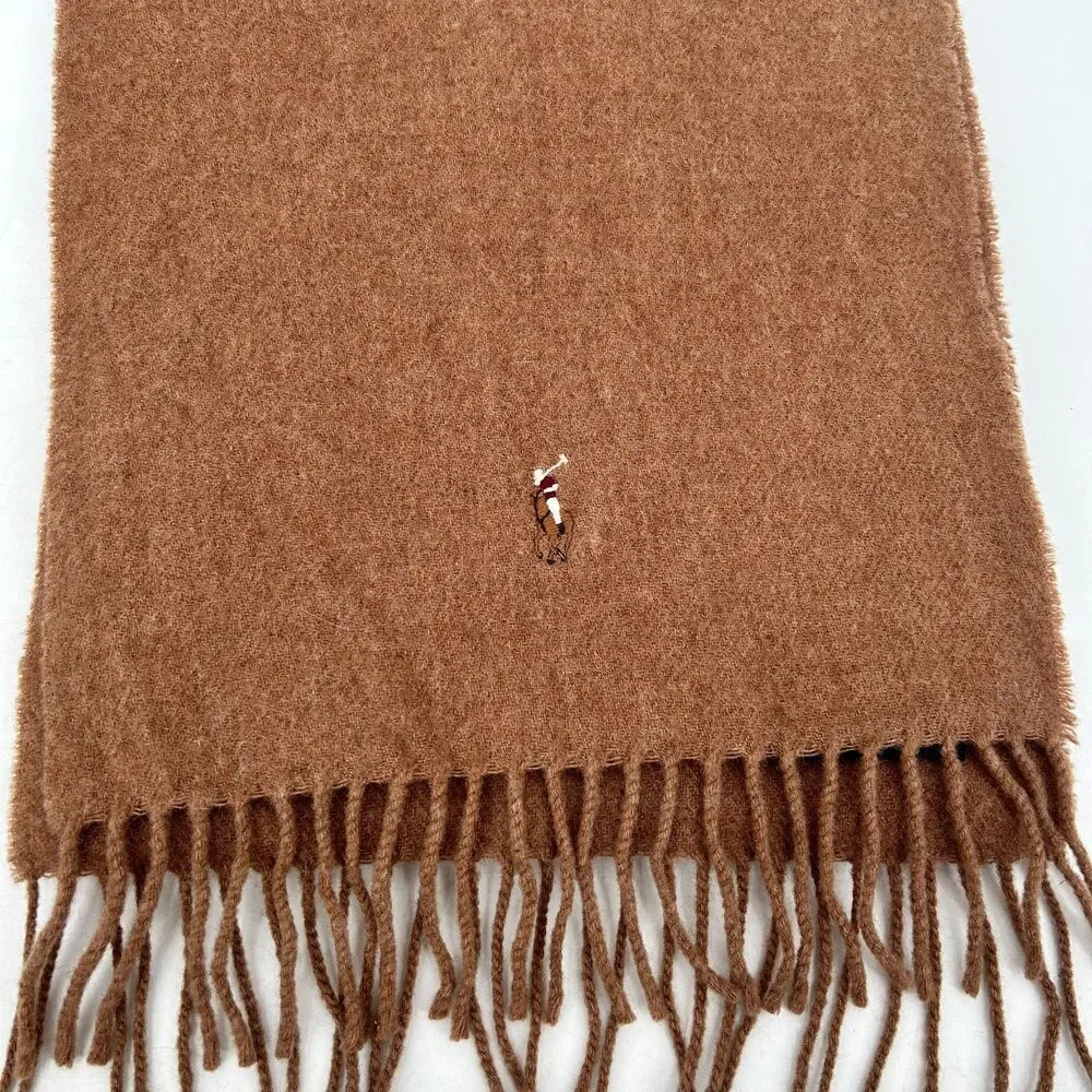 POLO RALPH LAUREN Vintage Brown 100% Lambs Wool Embroidered Pony Fringe Scarf